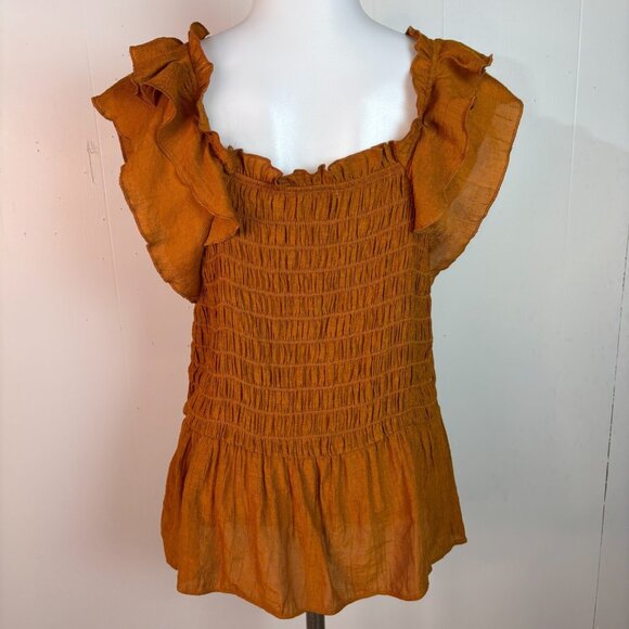 Nanette Lepore Top Medium Orange Ruffle Flutter Sleeve Smocked Peplum Blouse - Picture 5 of 8